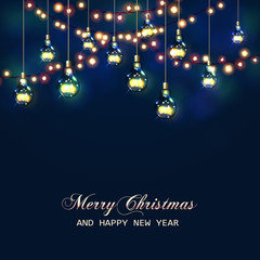 Fototapeta na wymiar Christmas card with festive garland lights and light bulbs. Vector illustration