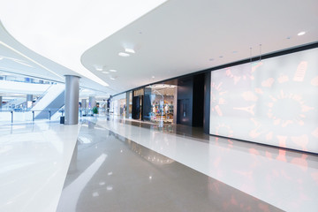 empty hallway with a huge billboard and abstract ceiling in mode