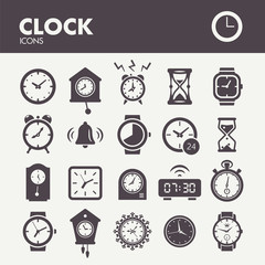 Clocks and time. Icons set in vector