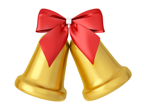 Two golden bells with red bow isolated 3d rendering