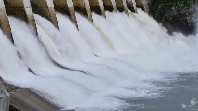 Hydroelectric power dam, medium shot, Kananaskis Dam on the Bow River, Alberta, Canada