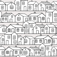 Cute small white houses. Vector seamless pattern