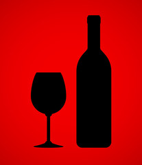 wine bottle and glass on red background