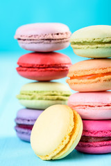 French Macaroons On Blue Background