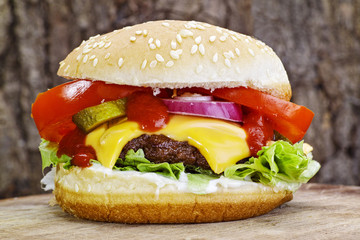 Hamburger mit Kaese und Salat