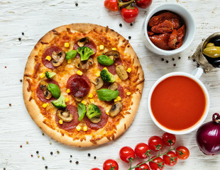 Delicious italian pizza served on wooden table