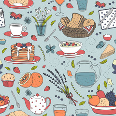 vector seamless pattern with various breakfast items