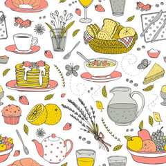 vector seamless pattern with various breakfast items