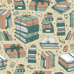 vector hand drawn seamless pattern with books