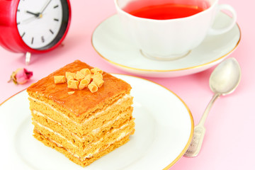 Delicious Honey Cake Decorated with Chocolate.