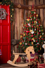 Interior room decorated in Christmas style. No people.  Home comfort of modern home