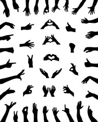 Black silhouettes of various positions of hands, vector