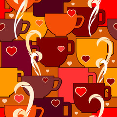 Seamless pattern with colorful cups. A mug of hot tea or coffee