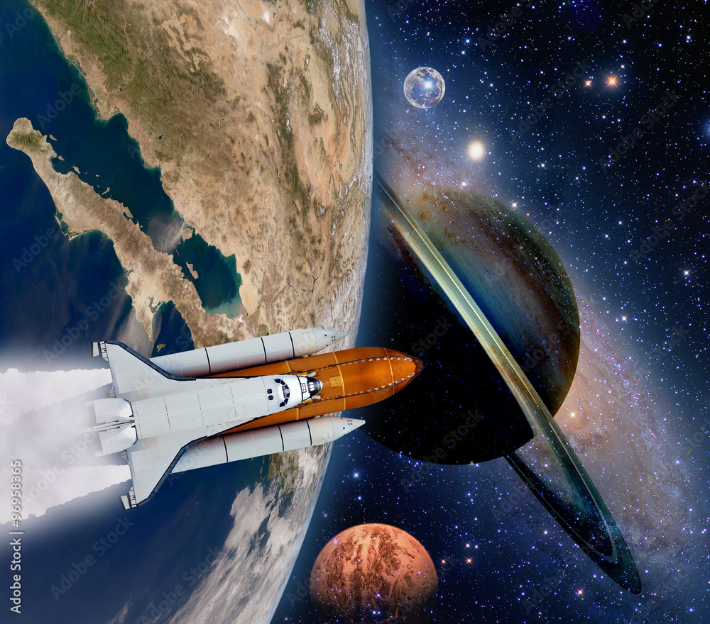 Sticker shuttle rocket ship launch solar system astronomy saturn planet moon space. elements of this image f