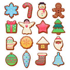 Colorful beautiful Christmas cookies icons set.