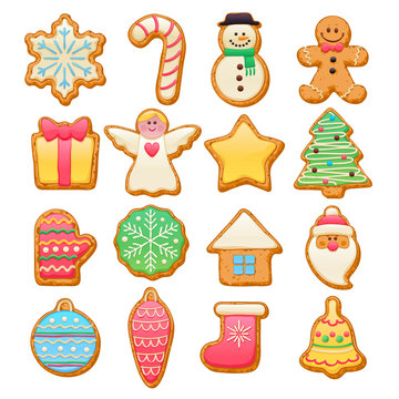 Colorful beautiful Christmas cookies icons set.