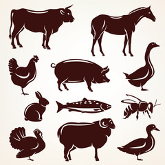  farm animals silhouette collection, vector icons and agricultur