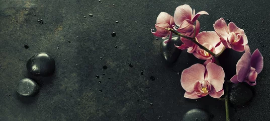 Fototapeten Spa stones and pink orchid on the dark background © Natalia Klenova