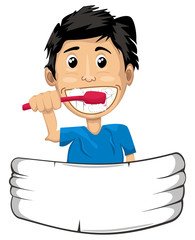 Editable Male Kid Brushing His Teeth Vector Illustration with Ribbon Banner in Cartoon Style for Medical Healthcare or Personal Hygiene Education