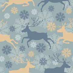 Cute Merry Christmas seamless pattern with reindeers and snowflakes. Vintage vector illustration.