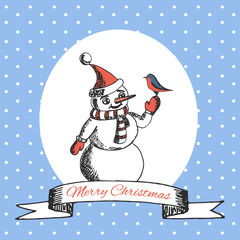 Christmas card with sketch snowman and bird