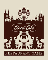 menu for street cafe with old town and gentlemen diners