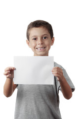 child with a white board isolated on white background