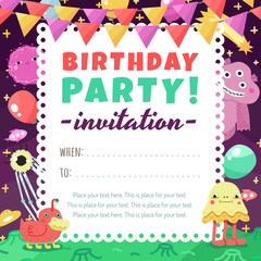 Birthday party funny space invitation with cartoon aliens and monsters. For kids and adults.