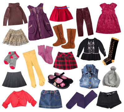 Casual child girl clothes collage.Kid's apparel collage.
