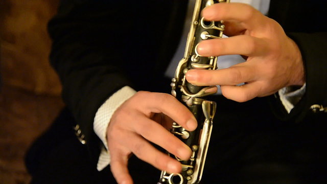 Musician plays the clarinet. Woodwind musical instrument with a single reed. Musical genres a solo instrument, in chamber ensembles, Symphony orchestras and brass bands, folk music, stage and in jazz.