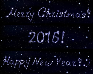 Vector words "Merry Christmas!", "2016" and "Happy New Year!" written in stars on space starry background