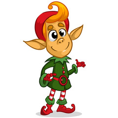 Christmas elf character in Santa hat. Illustration of Christmas greeting card with cute elf on simple white background.