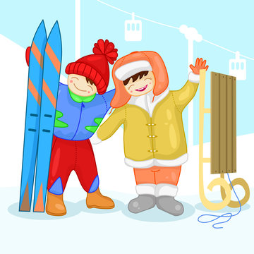 Two kids with the winter sport stuff - ski and sledge