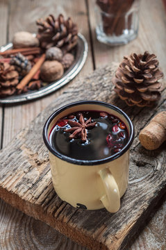 mulled wine from the wine cranage in rustic iron mug