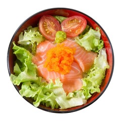 Bowl of Boiled Rice Topping with Salmon and Vegetable