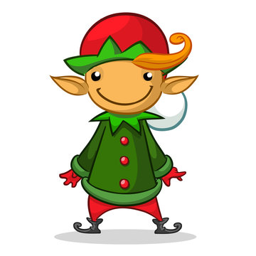 Christmas elf character in red hat. Illustration of Christmas greeting card with cute elf on simple white background.