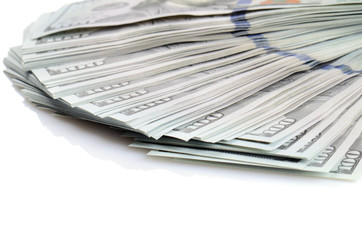 close up hundred dollars bank notes isolated on white