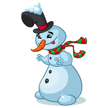 Christmass snowman with hat and striped scarf isolated on white background. Vector illustration
