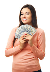 Woman holding money isolated on white