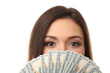 Woman holding money isolated on white, closeup