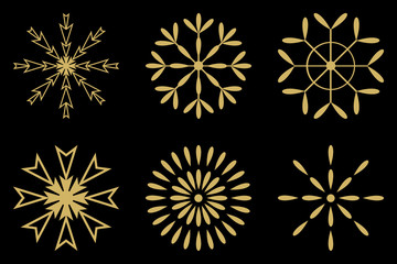 gold snowflakes set sign isolated on black background