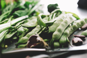 Green bean pods on background
