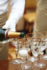 waiters in white gloves poured champagne glasses on the table