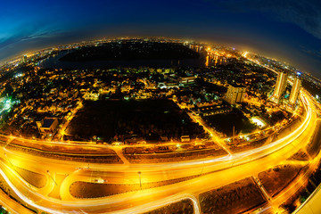 Fototapeta na wymiar Panoramic view of Thanh Da peninsula, Ho Chi Minh city (or Saigon) in twilight by fisheye lens, Vietnam