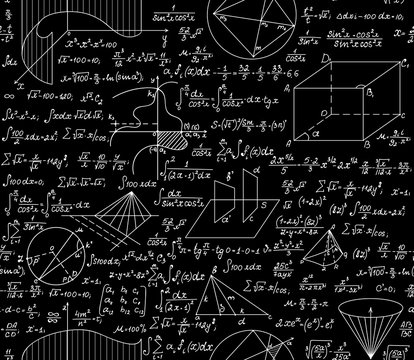 Mathematical vector seamless pattern with formulas, plots, functions, equations and algebraic and geometric figures