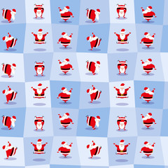 Materiał do szycia Vector seamless background funny Santa Claus different character dancing does morning exercises