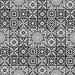 Vector seamless background of tiles decorated with patterns. Stylized flowers, geometric shapes. Black and white abstract tile.