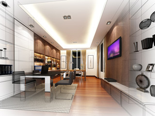 sketch design of interior working room, wire frame