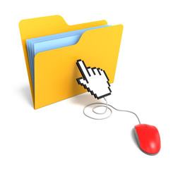 Yellow Folder connected to mouse with hand cursor. 3D Rendering