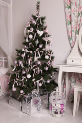 cozy home interior, with Christmas tree and New Year decoration